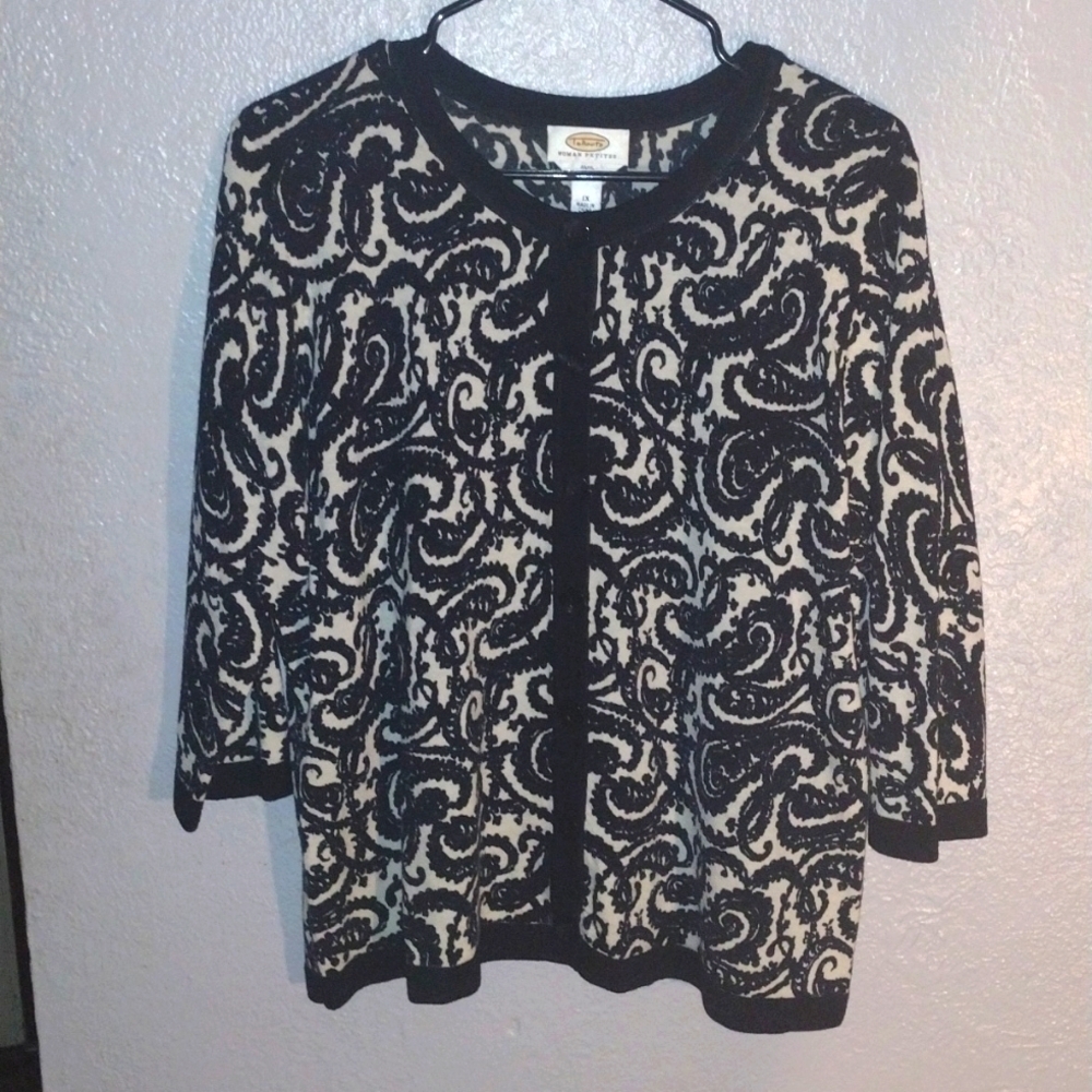 Talbot's Petites Black and White Paisley 100% Merino Wool Cardigan Sweater 1X